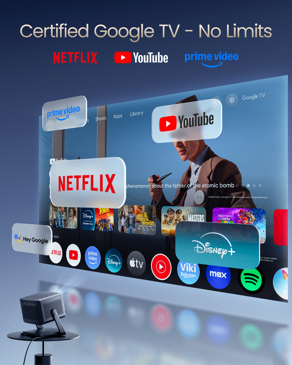Dangbei DBOX02 Pro featuring Google TV interface with licensed Netflix, YouTube, and Disney+ apps.